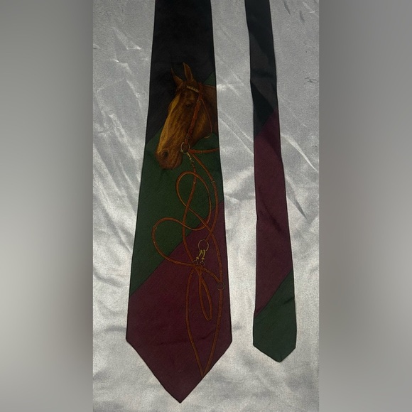 Polo Ralph Lauren Other - Men’s Polo Ralph Lauren Green Red Jockey Horse Print Striped Silk Designer Tie